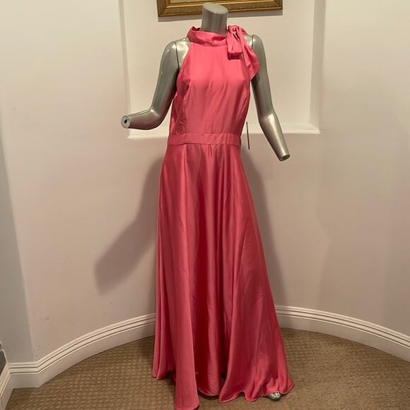 Tahari Arthur S. Levine Mock Neck Side Bow Tie Maxi Pink Dress Size 10 NWT - Picture 2 of 15